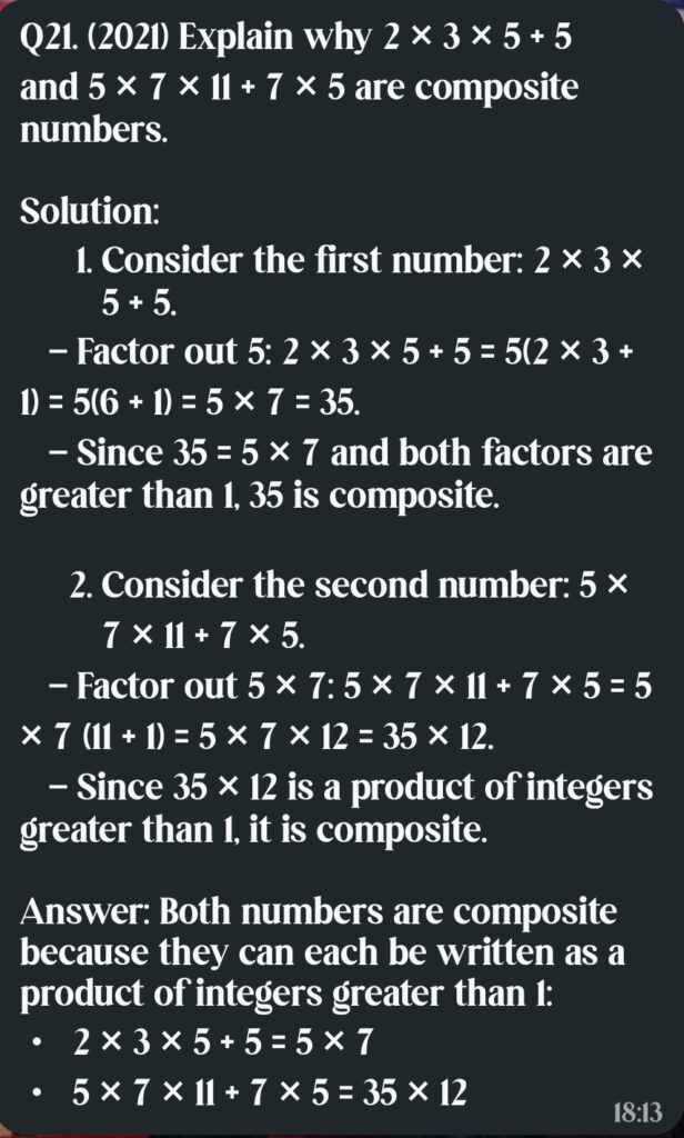 Explain why 2 × 3 × 5 + 5 and 5 × 7 × 11 + 7 × 5 are composite numbers.