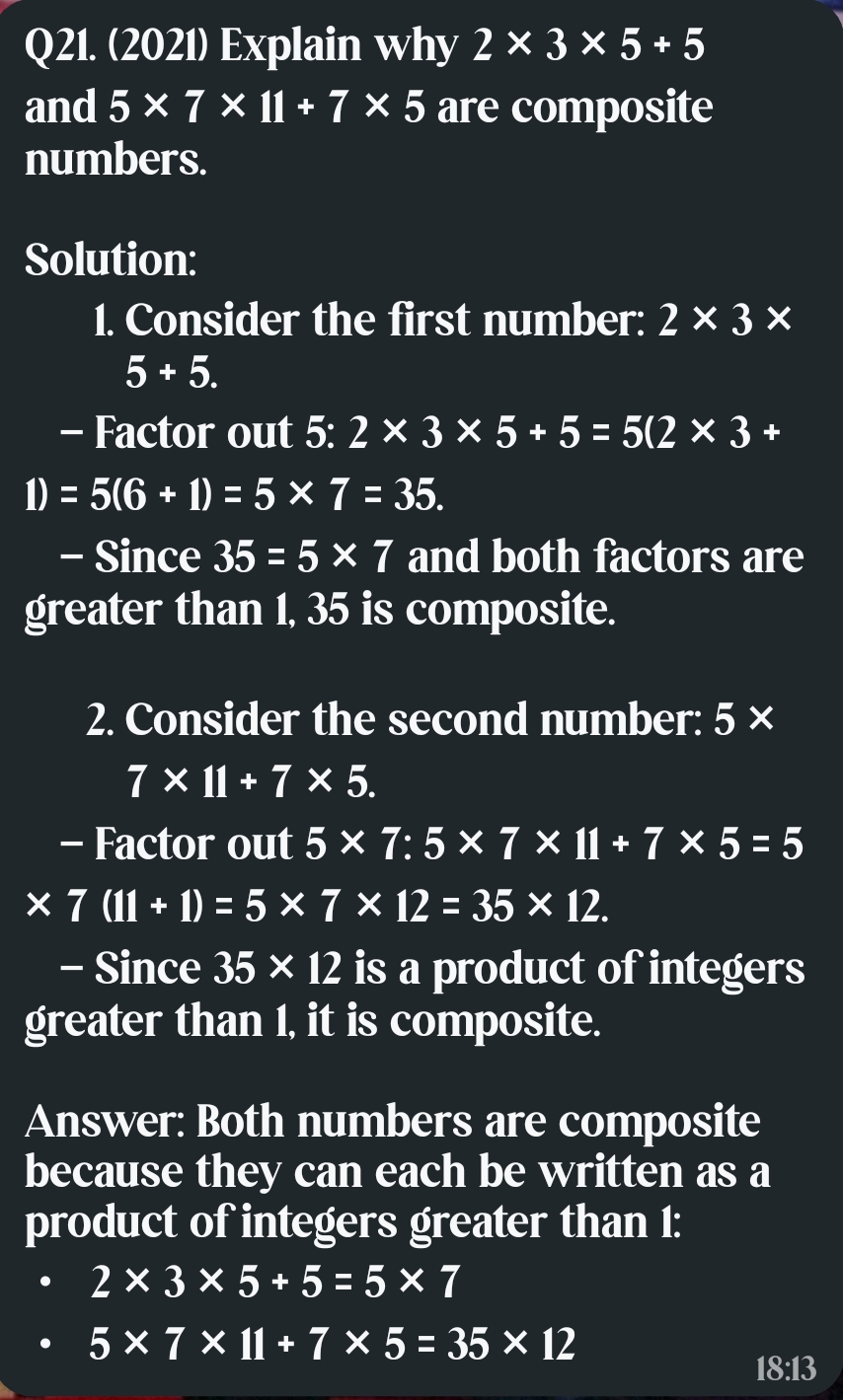 Explain why 2 × 3 × 5 + 5 and 5 × 7 × 11 + 7 × 5 are composite numbers.
